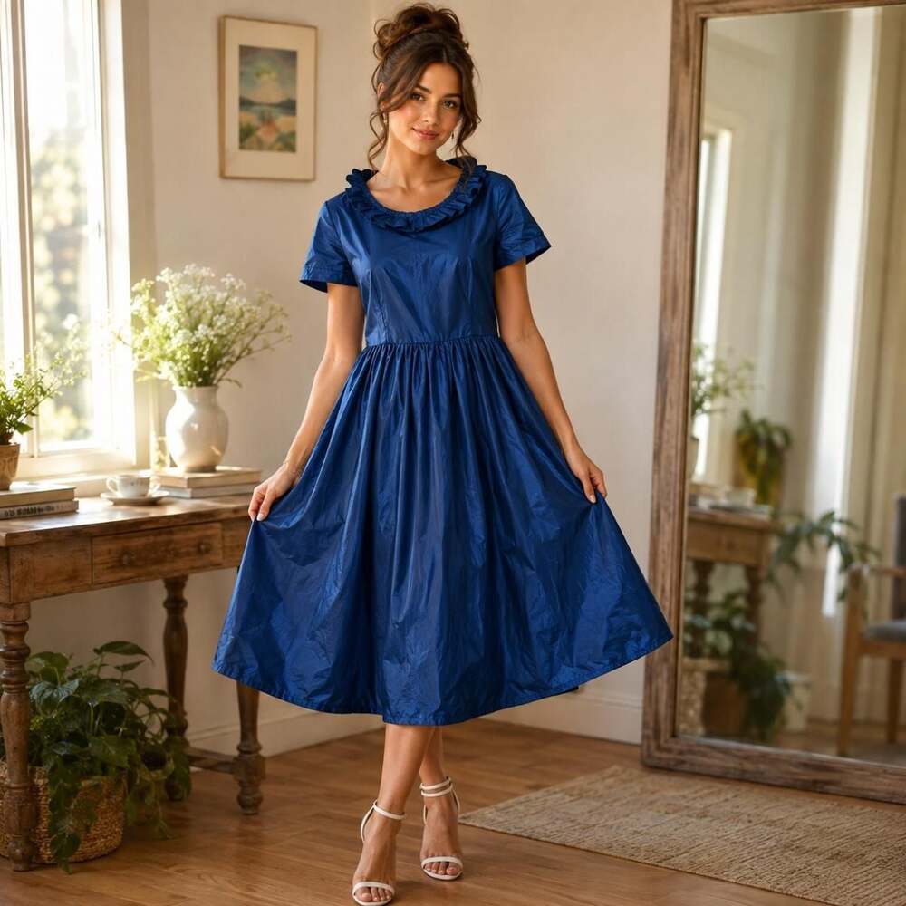 Edwardline Vintage Italian Ruffle Collar Midi Dress Navy Blue